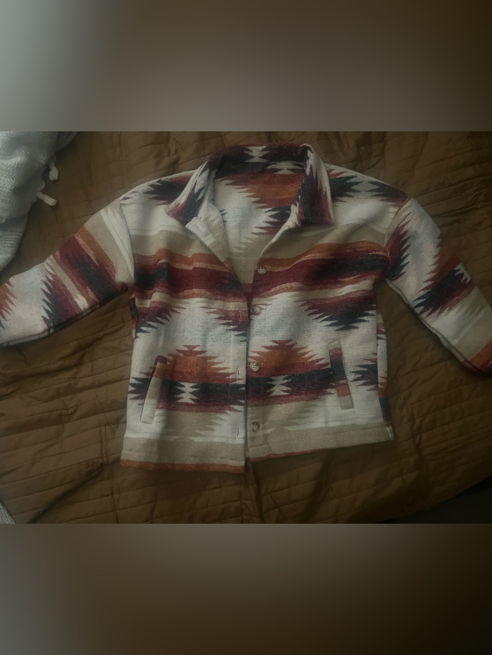 Men's Aztec Pattern Button-Up Sweater Jacket - Cream & Rust
